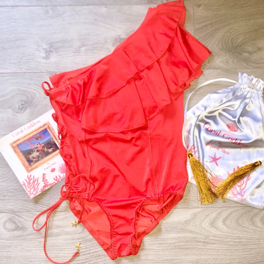 Coral One Piece Bathing Suit with Tie Side / New!